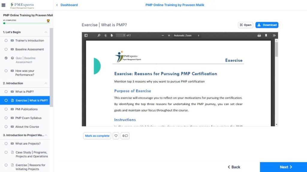 pmp Training exercise screenshot